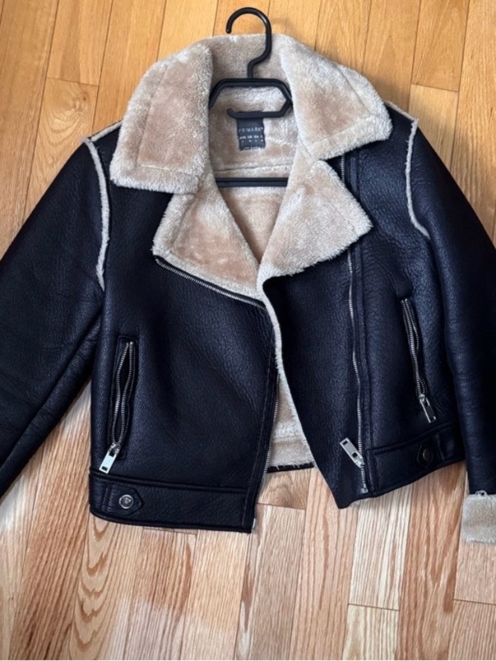 Primark Black Faux-Shearling Lined Moto Jacket with Cream Trim